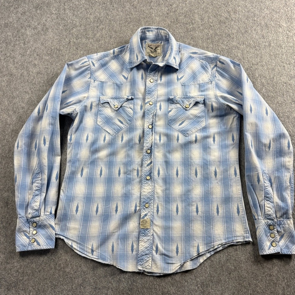 American Living Mens Blue White Plaid Western Snap Shirt Long Sleeve Small